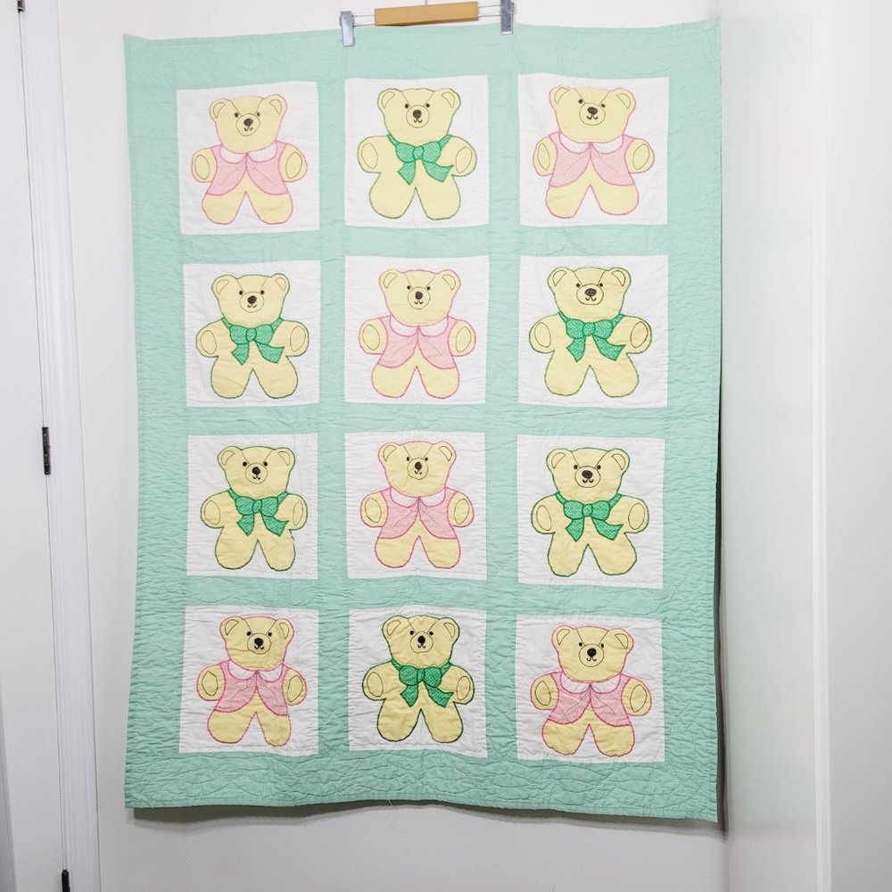 Vintage Nursery Rhyme Baby Quilt Blanket Double Sided Teddy Bears Embroidered